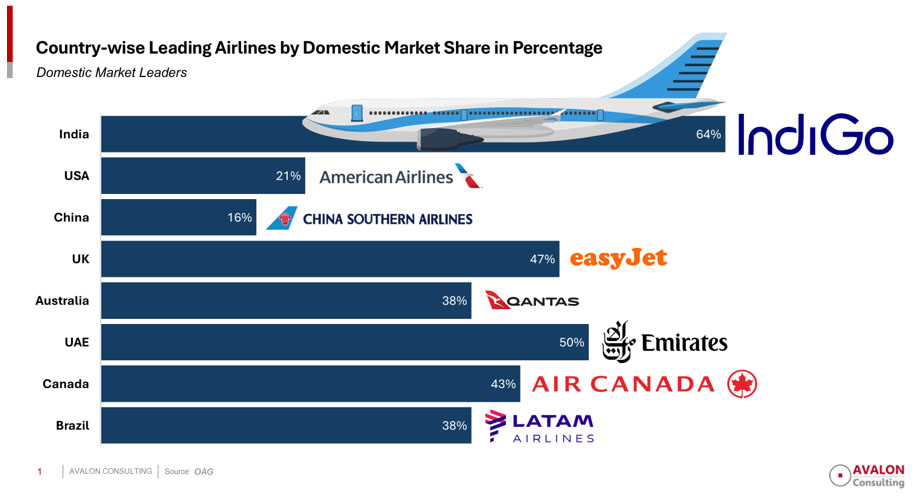 Country-wise leading Airlines by Domestic Market Share in Percentage