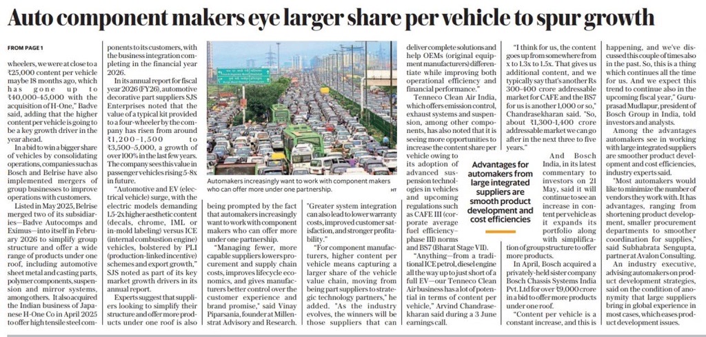Auto component makers eye larger share per vehicle to spur growth